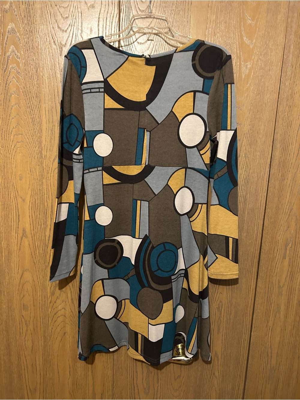 Pink Tartan Geometric Long Sleeve Dress in Teal, Mustard, Gray and Black
